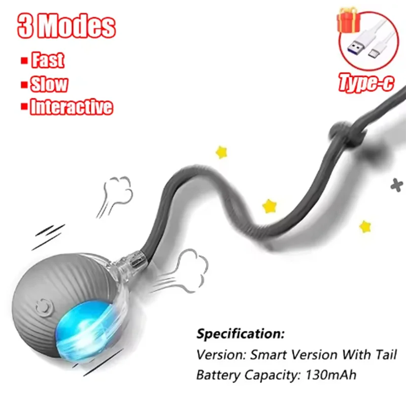 Automatic Interactive Cat Ball Toy Rechargeable Smart Electric Rolling Ball with Faux Tail Mouse Imitation for Dog Cat Training