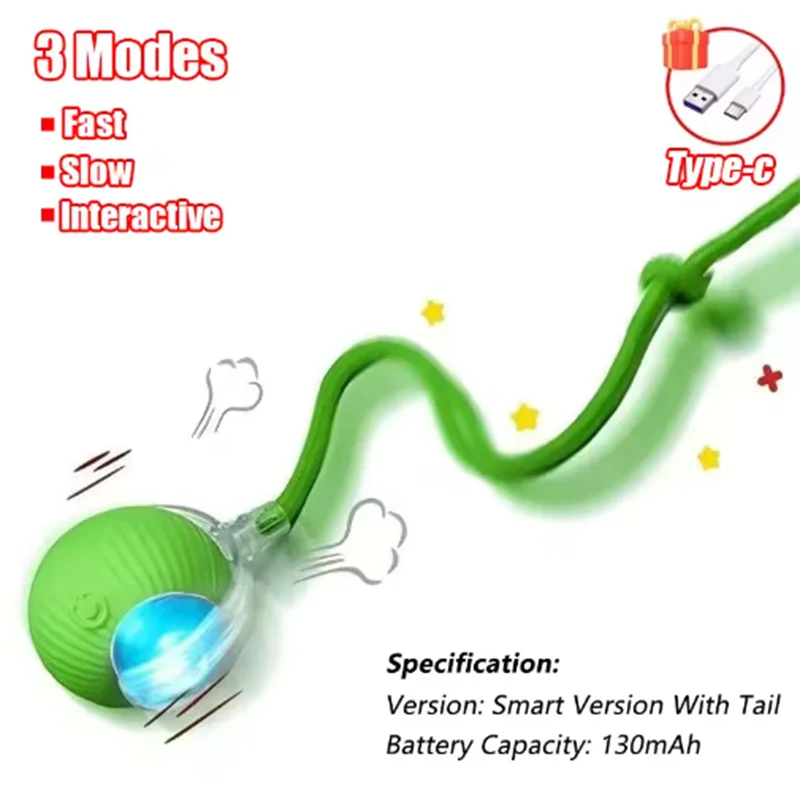 Automatic Interactive Cat Ball Toy Rechargeable Smart Electric Rolling Ball with Faux Tail Mouse Imitation for Dog Cat Training