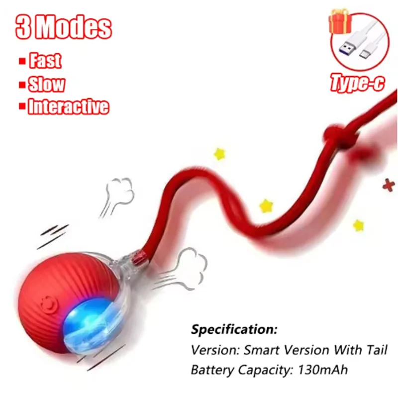 Automatic Interactive Cat Ball Toy Rechargeable Smart Electric Rolling Ball with Faux Tail Mouse Imitation for Dog Cat Training