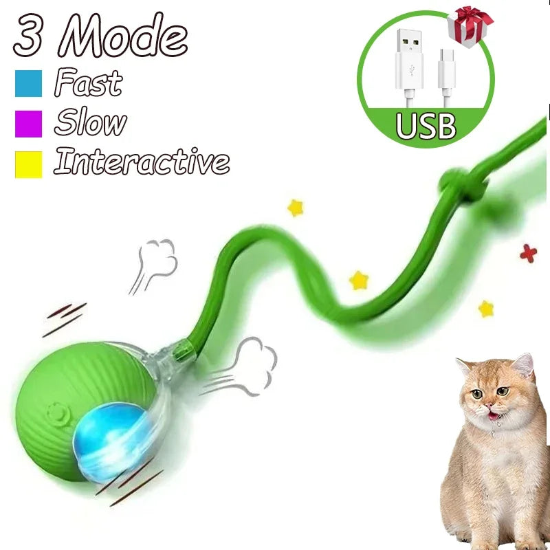 Automatic Interactive Cat Ball Toy Rechargeable Smart Electric Rolling Ball with Faux Tail Mouse Imitation for Dog Cat Training